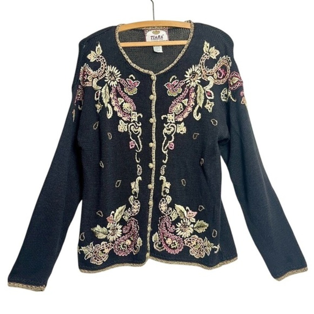 VTG Tiara International cotton ramie embroidered cardigan friends floral paisley